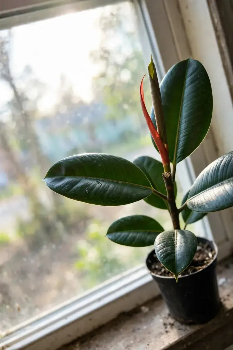 Young rubber plant with broad glossy leaves in a nursery pot by a window