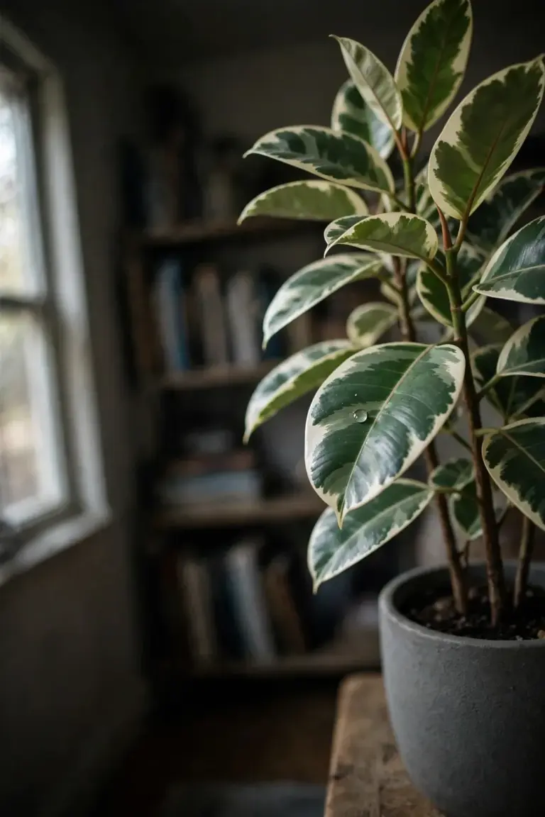 Variegated rubber tree with cream-margined leaves in a gray pot