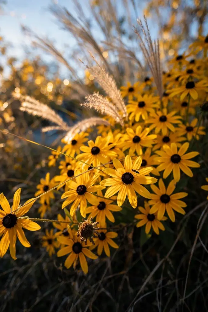 Drifts of yellow rudbeckia sweeping through ornamental grasses