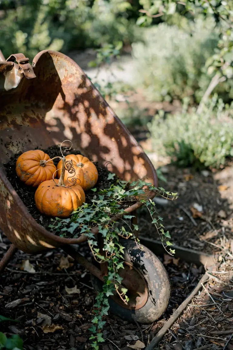 Rusty wheelbarrow filled with small pumpkins and trailing ivy in a garden bed