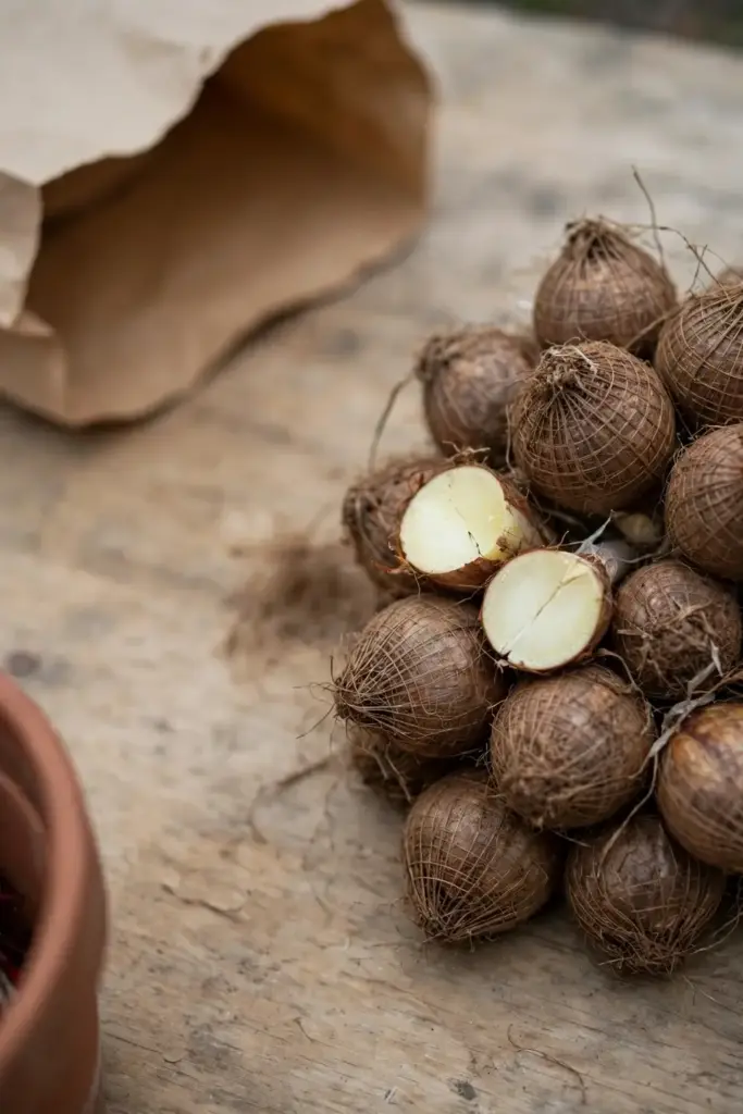 Saffron corms with fibrous tunics spread on a wooden table, one sliced open