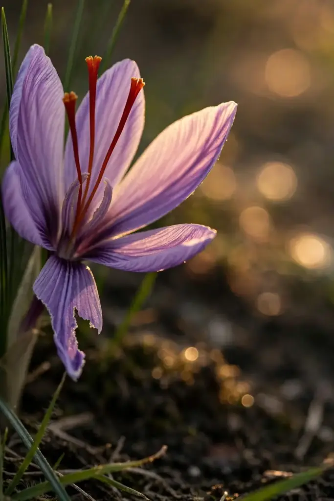 Close-up of a saffron crocus flower showing three deep-red stigmas