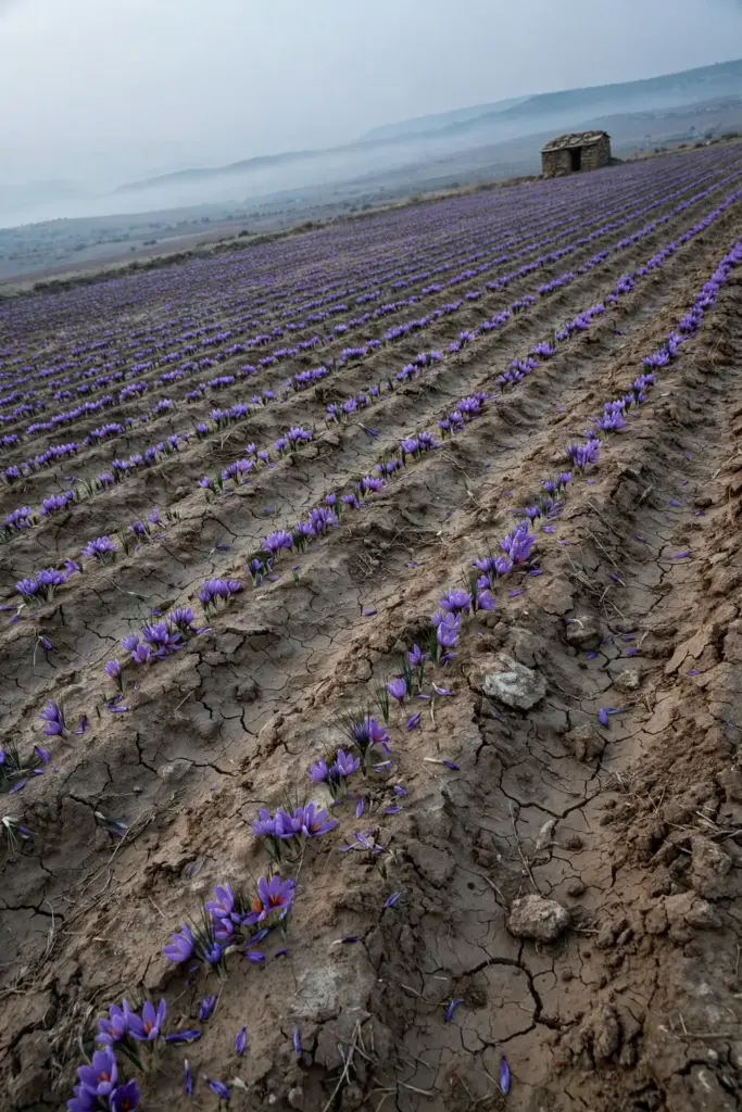 Wide saffron field on a dry plateau at dawn with rows of purple flowers