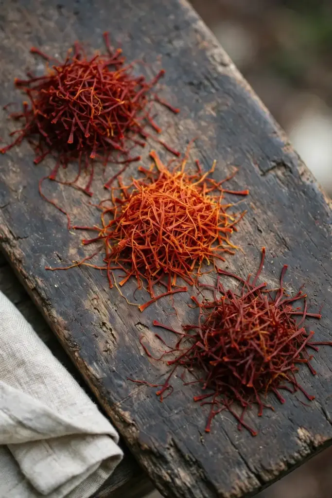 Three heaps of dried saffron threads in different red shades on a wooden board