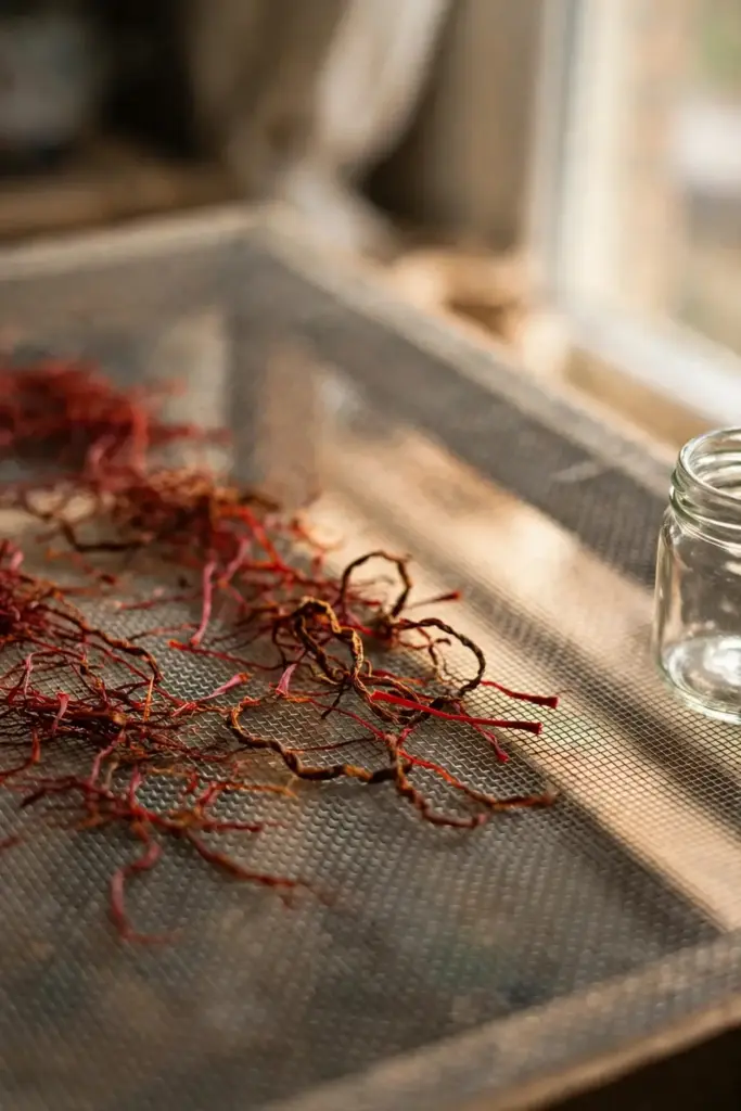 Deep-red saffron threads drying thinly on a mesh rack