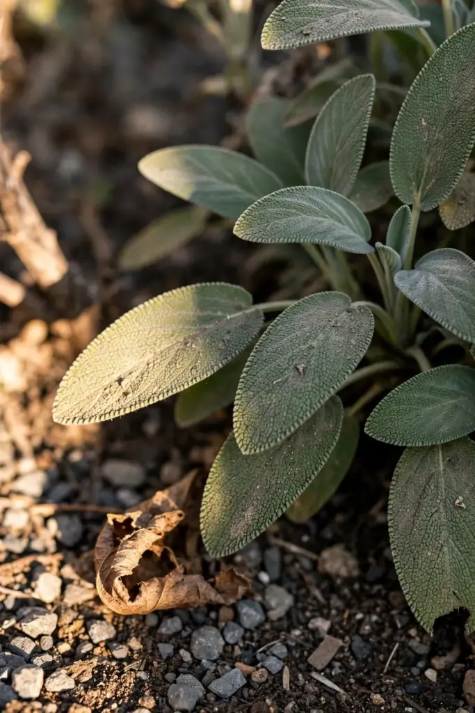 Gray-green sage leaves with pebbled texture in a gravel-mulched bed