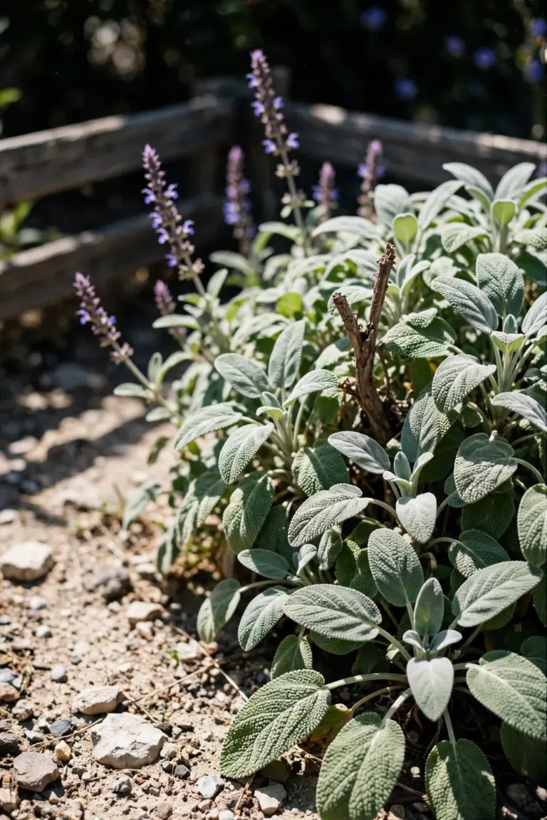 A full common sage plant with soft grey-green leaves filling a sunny dry corner of the bed