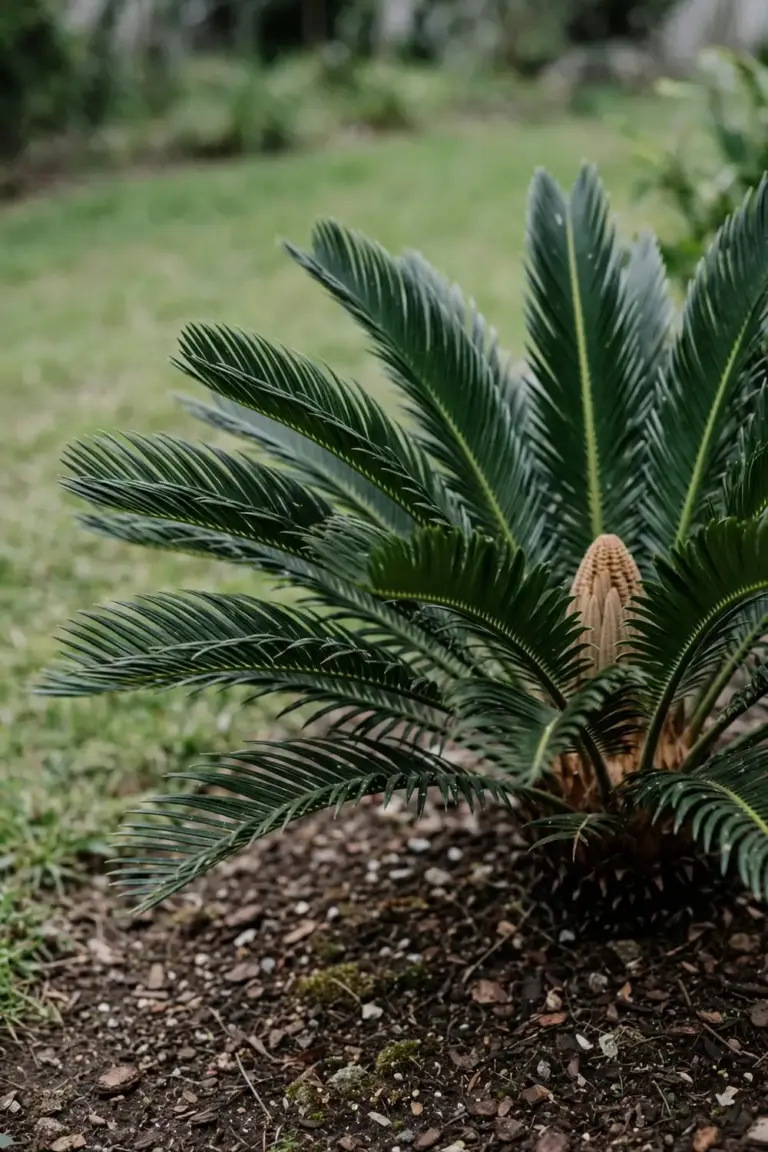 Sago cycad rosette with stiff fronds in a garden bed