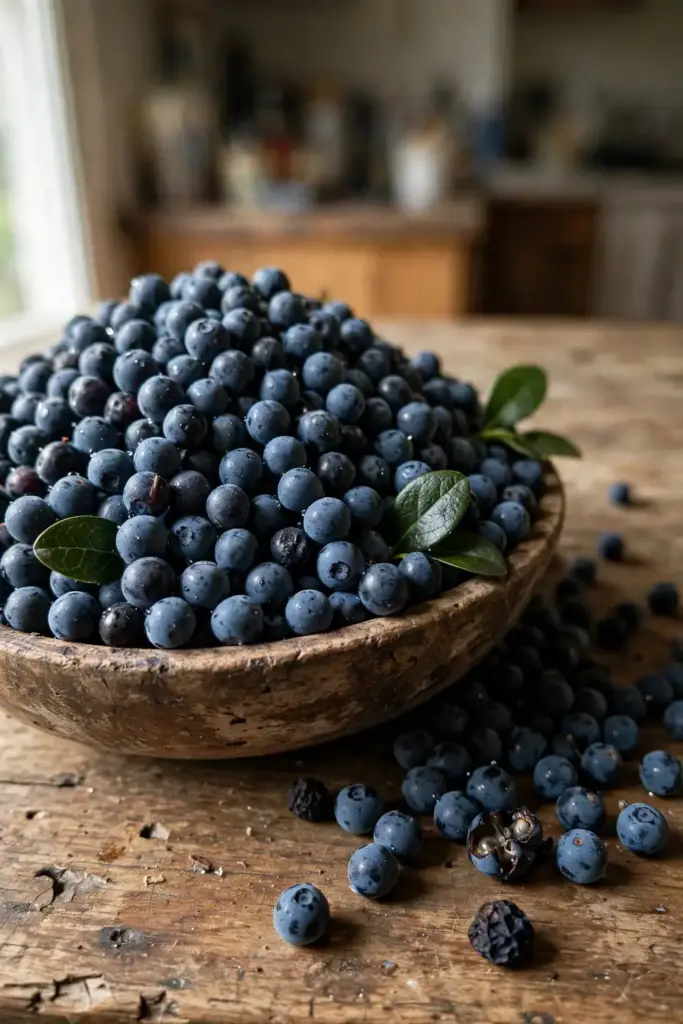 Rustic wooden bowl of freshly picked black salal berries