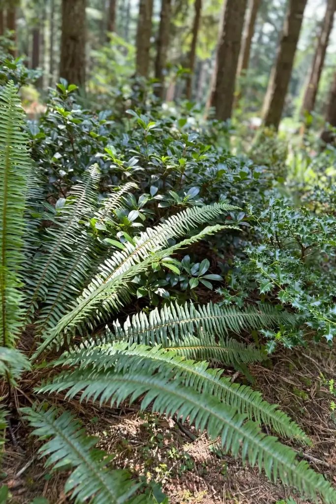 Layered woodland bed with salal, sword ferns, and Oregon grape