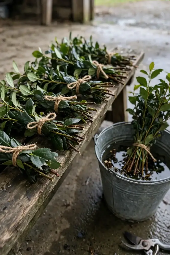 Bundles of cut salal foliage stems graded by length
