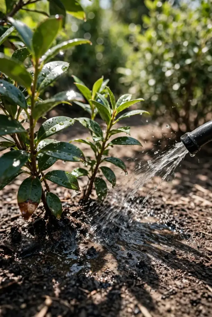 Deep watering soaking the root zone of young salal shrubs
