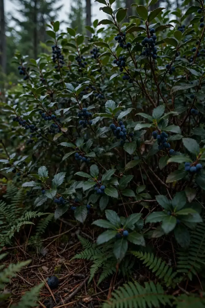 Established salal thicket with black berries in late afternoon shade