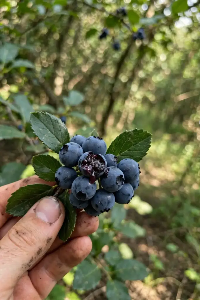 Hand holding a cluster of ripe black salal berries on the bush