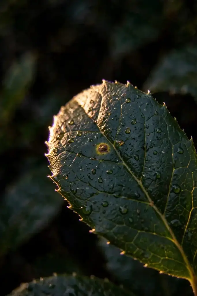 Close-up of a healthy salal leaf with one small fungal spot