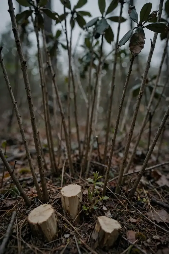 Leggy salal canes with renewal pruning cuts at the base