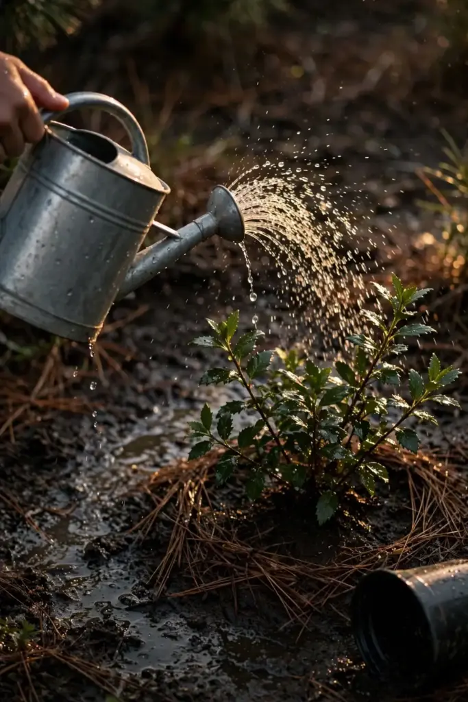 Hand watering a newly planted salal shrub with a watering can