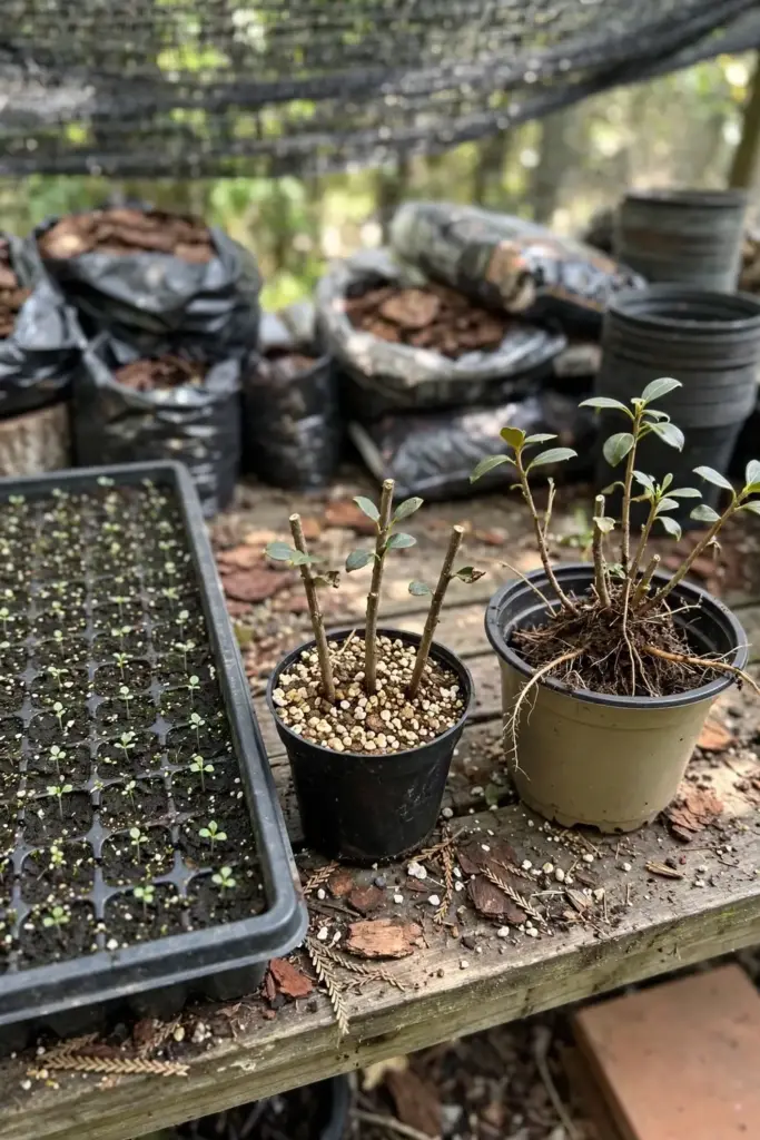 Three salal propagation methods side by side: seedling tray, cuttings, divided clump