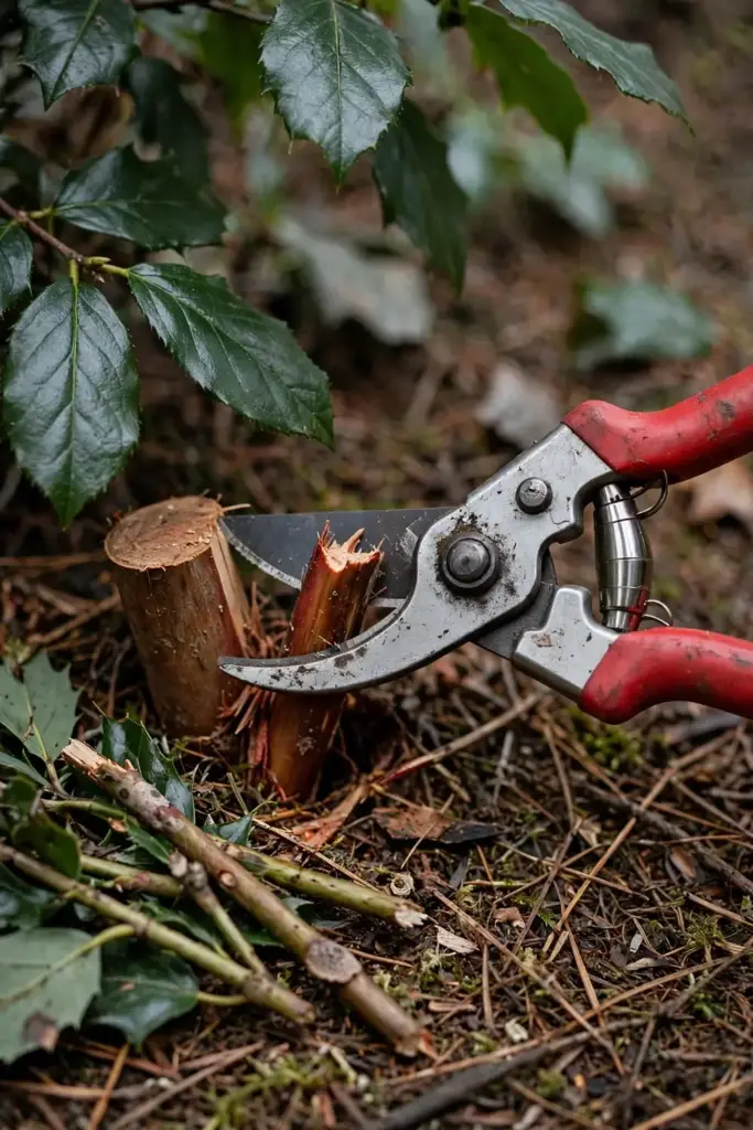 Pruning shears cutting an old salal cane at ground level