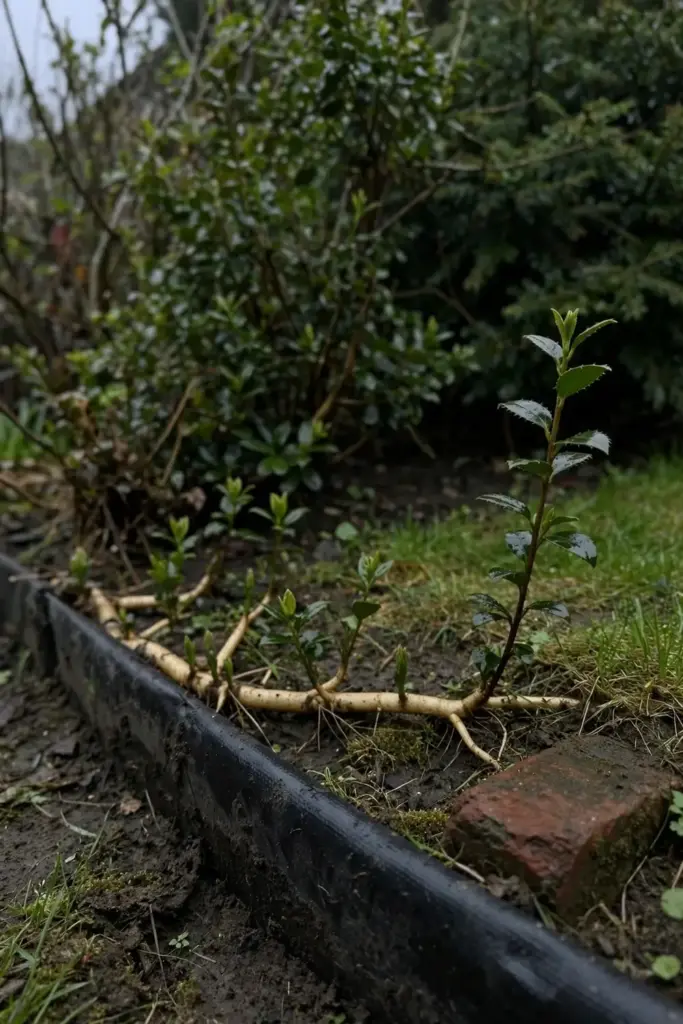 Salal rhizome suckers spreading past a garden bed edge