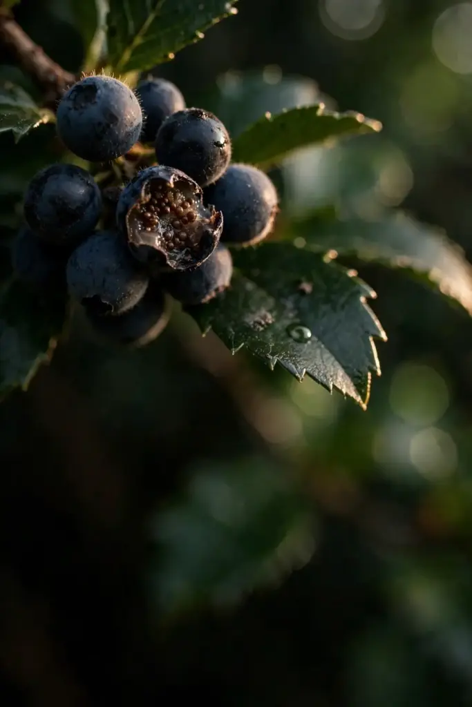 Close-up of ripe black salal berries on the branch, one crushed open