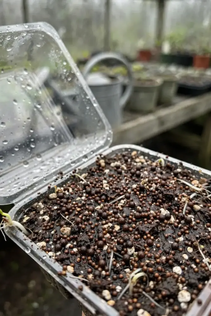 Salal seeds surface-sown on damp peat mix in a shaded seed tray