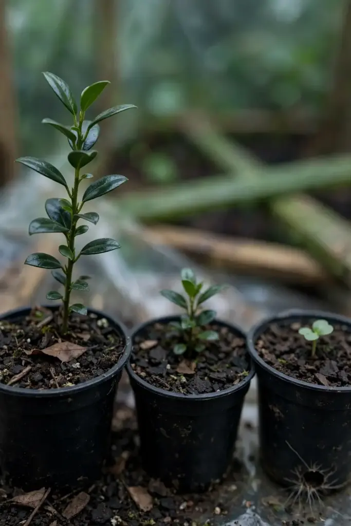 Young salal seedlings at successive stages in nursery pots