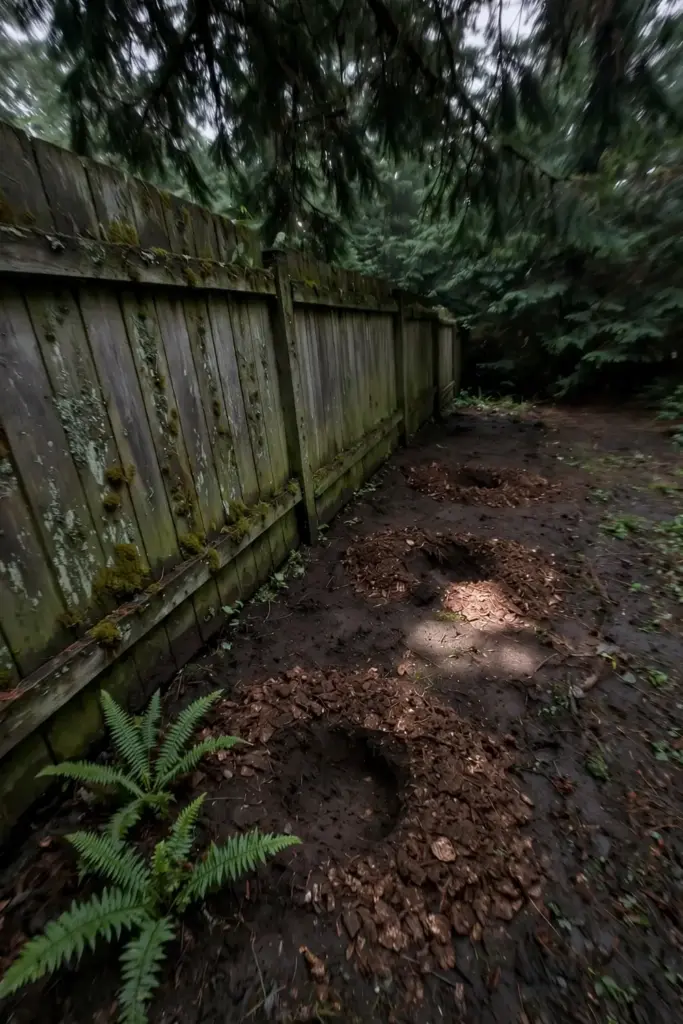 Marked planting spots for salal along a shady north-facing fence