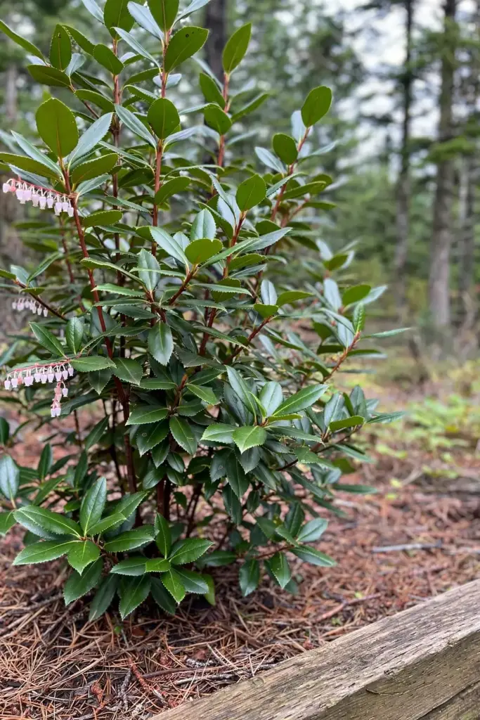 Whole salal shrub portrait in a shady woodland planting bed