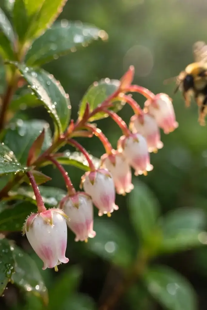 Urn-shaped white to pinkish salal flowers in a nodding raceme