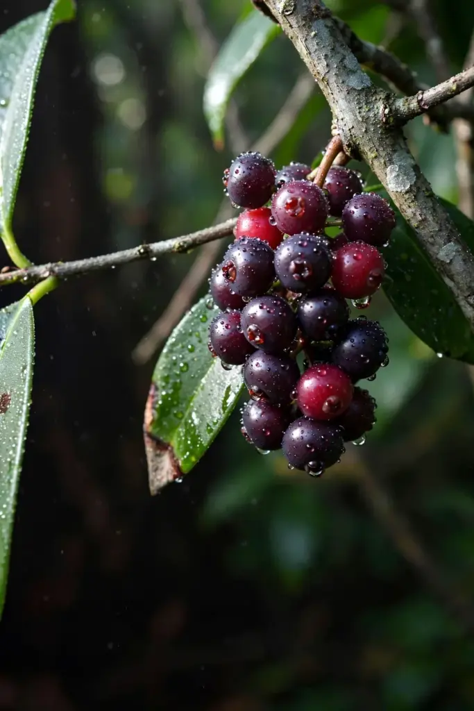 Fresh salam berry cluster still on the branch with morning dew