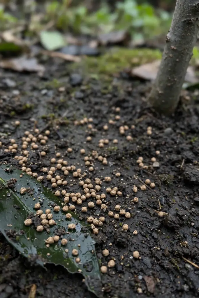 Fertilizer granules scattered in a ring on dark soil around a young salam tree