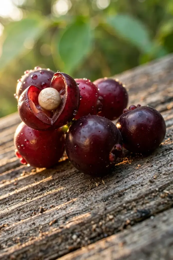 Ripe dark-red salam berries on wood, one split to show the single seed inside