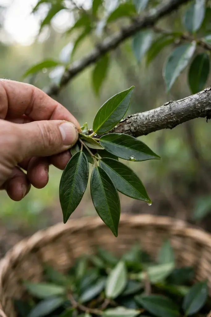 Hand plucking fresh salam leaves from a branch into a shallow woven basket