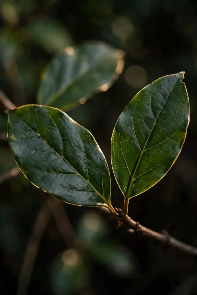 Opposite pair of glossy salam leaves with close-looped veins, side-lit