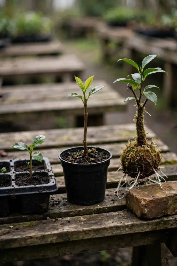 Three salam starts side by side: seedling tray, rooted cutting, and air-layered branch
