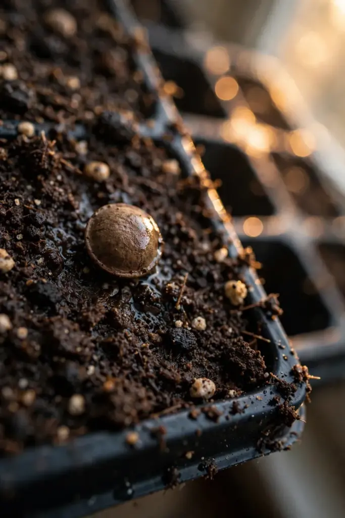 Salam seed pressed onto the surface of dark moist seed mix in a tray, uncovered