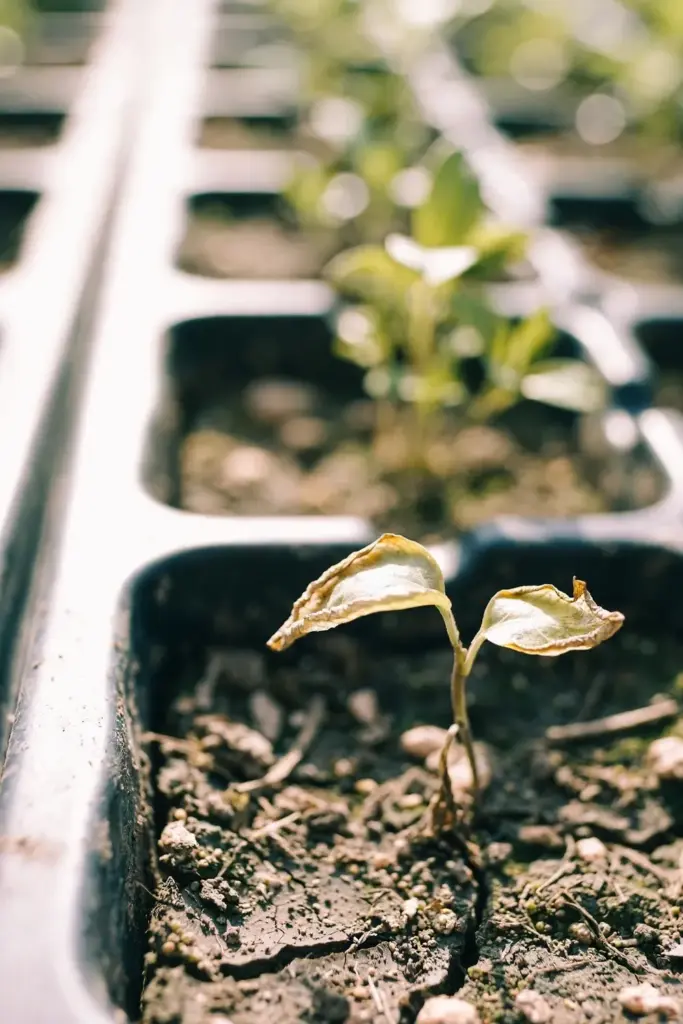 A sun-scorched salam seedling with limp pale leaves in a nursery tray