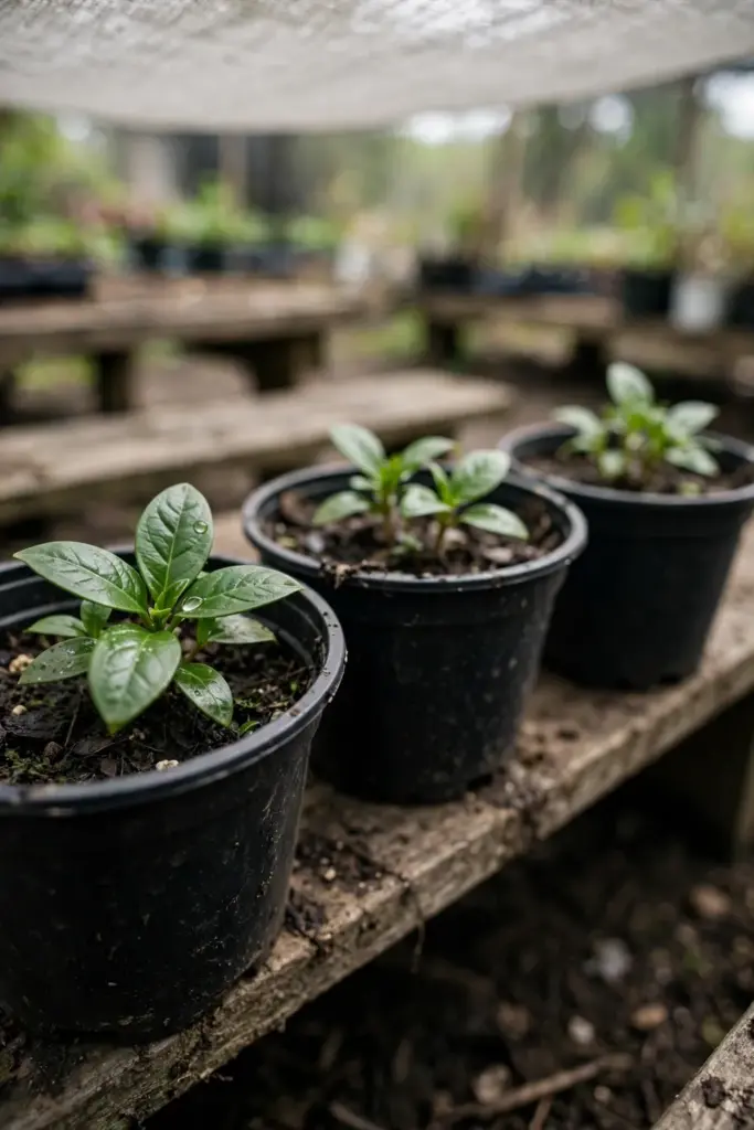 Young salam seedlings in nursery pots under light shade cloth