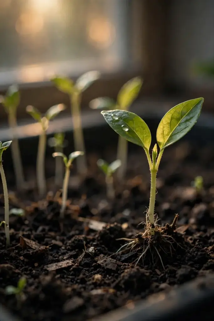 Salam seedlings at successive stages pushing through dark soil in a shaded tray