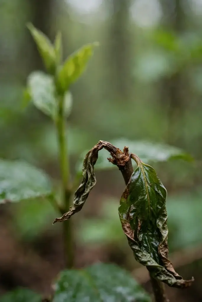 Salam shoot tip wilted from tip-borer damage, the injured stem sharp in macro