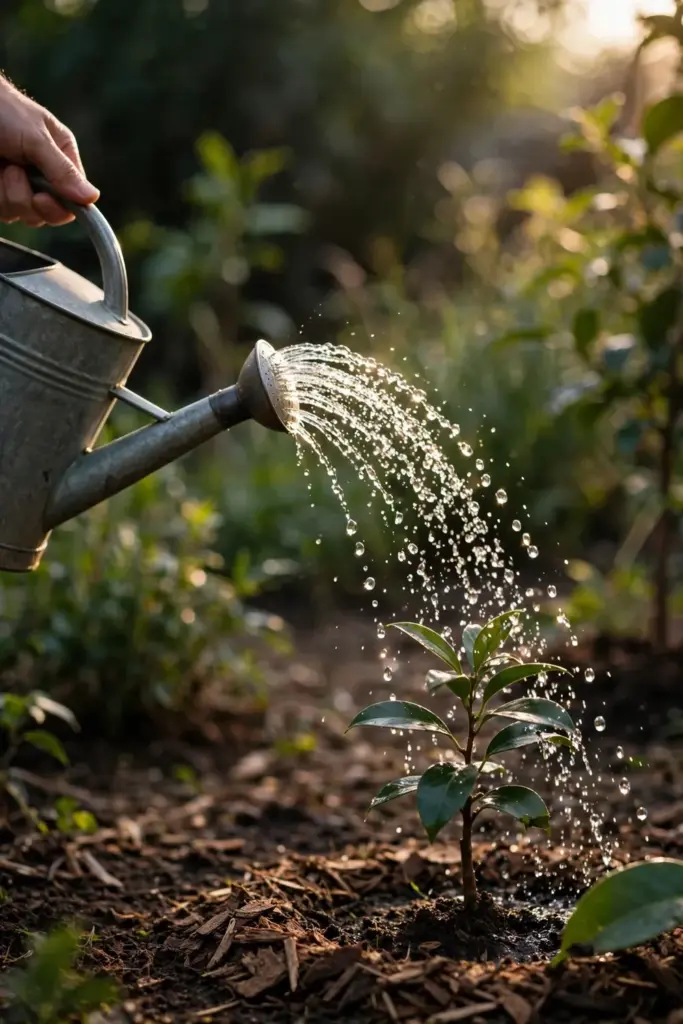 Hand tipping a watering can over a newly planted salam tree with a mulch ring