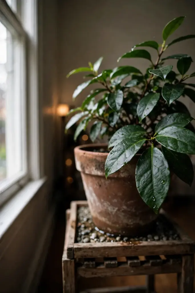 Potted salam tree in a large weathered pot beside a bright indoor window