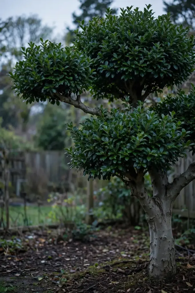 Mature pruned salam tree with compact evergreen canopy in a home garden
