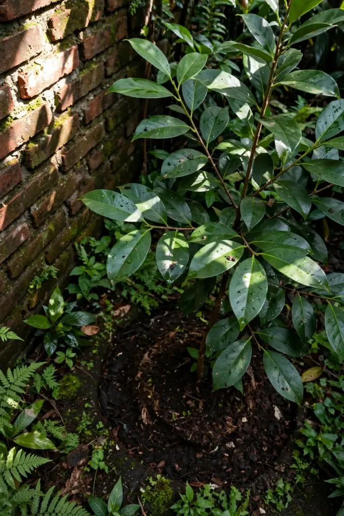 Young salam tree growing in a warm sheltered garden corner beside a wall