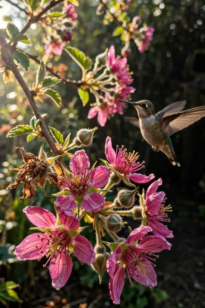Salmonberry blossoms with a hummingbird blurred in motion at the flowers