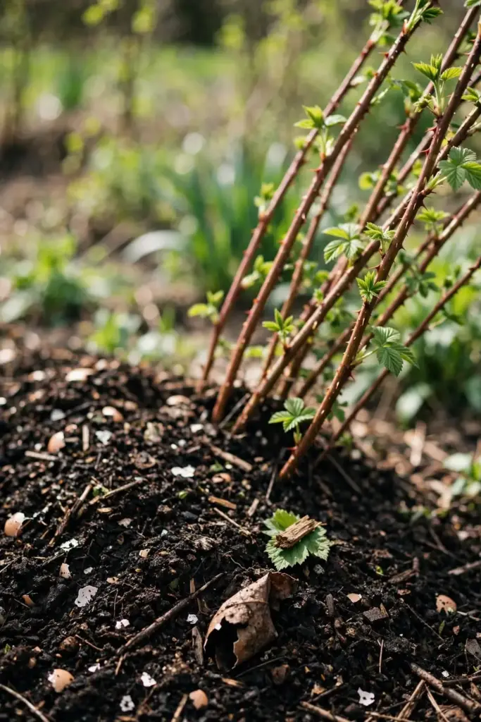 Compost top-dressing spread around salmonberry canes in spring