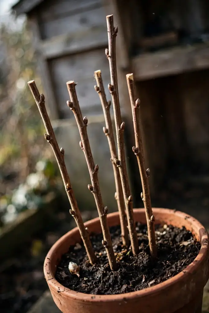 Dormant salmonberry cane cuttings standing in a pot of potting soil