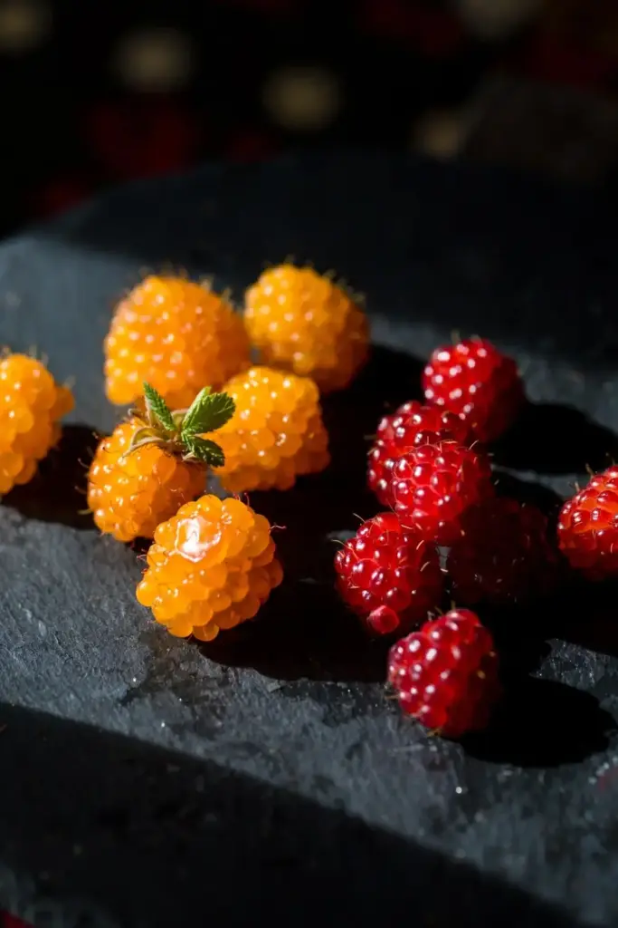 Golden and red salmonberries side by side showing the two color forms