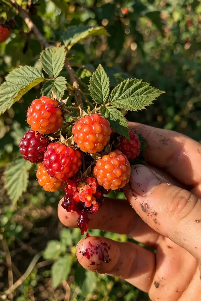 Hand cradling ripe salmonberries on the cane at peak harvest